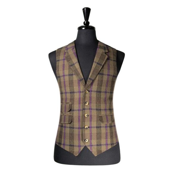 Mens 42R Wool Vest Brown Purple Plaid Waistcoat Formal Wedding Preppy Casual - Picture 1 of 10
